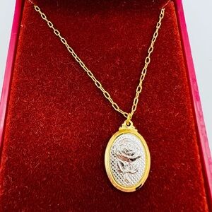 Vintage Sorrento Gold & Silver Oval Rose Pendant Necklace w/ Box